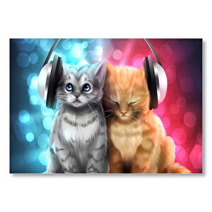 İki Kedi Kulaklık Müzik Keyfi Görsel Mdf Ahşap Tablo 50x70 cm