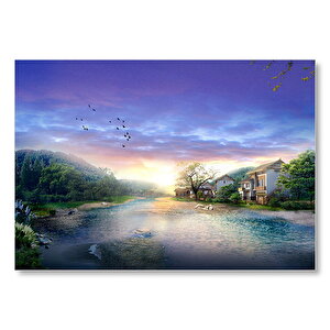 Manzara Resmi Nehir Ev Orman Mdf Ahşap Tablo 35x50 cm