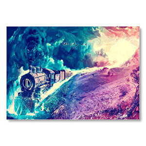 Fantazi Sanat Tren Duman Ve Kuşlar Görseli Mdf Ahşap Tablo 35x50 cm