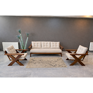 Verona Masif Ahşap Bahçe Balkon Koltuk Takımı Kestane Ağacı - 1 Adet Üçlü 2 Adet Tekli Krem