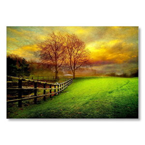 Manzara Çitler Ağaçlar Bulutlu Sarı Gökyüzü Mdf Ahşap Tablo 35x50 cm