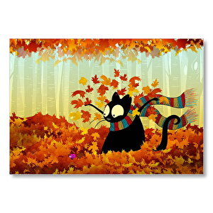 Sonbahar Atkılı Kara Kedi Ve Fare Görseli Mdf Ahşap Tablo 50x70 cm