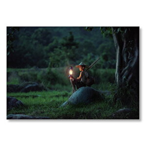 Asyalı Kız Gece Lambası Ve Orman Mdf Ahşap Tablo 35x50 cm