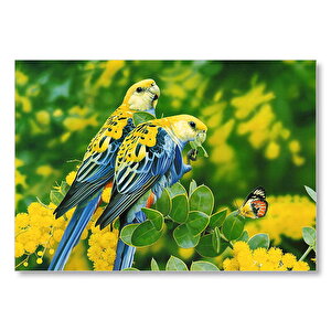 Papağanlar Sarı Mavi Ve Sarı Çiçekler İle Kelebek Mdf Ahşap Tablo 50x70 cm