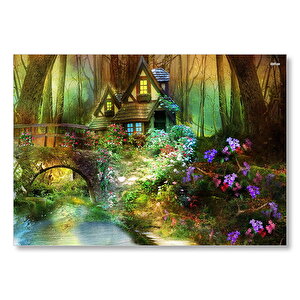 Ormandaki Sevimli Kulübe Köprü Ve Çiçekler Mdf Ahşap Tablo 50x70 cm
