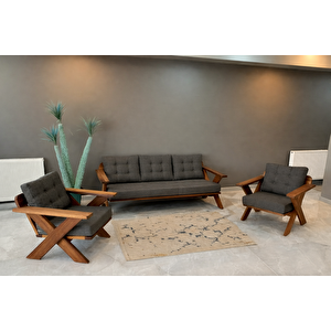 Verona Masif Ahşap Bahçe Balkon Koltuk Takımı Kestane Ağacı - 1 Adet Üçlü 2 Adet Tekli Antrasit