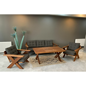 Verona Masif Ahşap Bahçe Balkon Koltuk Takımı Kestane Ağacı - 1 Adet Üçlü 2 Adet Tekli Ve Masa Antrasit