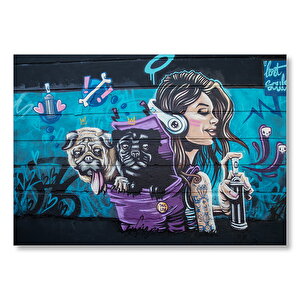Graffitici Kız Ve Çantasında Köpekler Duvar Boyama Mdf Ahşap Tablo 25x35 cm