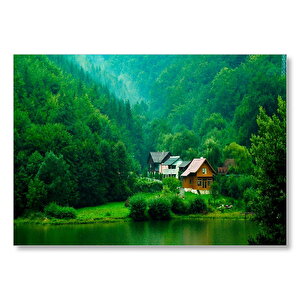 Dağ Orman Göl Ahşap Evler Görseli Mdf Ahşap Tablo 35x50 cm