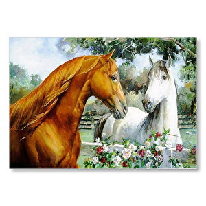 Atlar Ve Güller Yağlı Boya Resmi Mdf Ahşap Tablo 35x50 cm