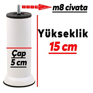 Mobilya Kanepe Baza Koltuk Ünite Destek Ayağı M8 Civata 15 Cm Beyaz Metal Yükseltici İnce Diş Ayak