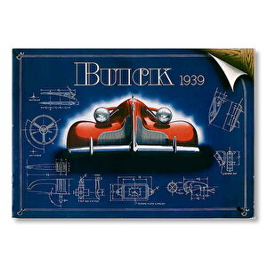 Vintage 1939 Buick Ve Parça Çizimleri Mdf Ahşap Tablo 50x70 cm