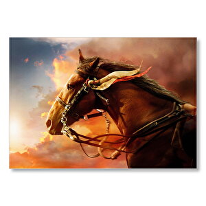 Kızıl Bulutlar Koşan Kahverengi At Görseli Mdf Ahşap Tablo 50x70 cm