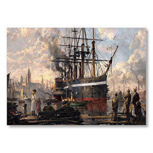 1800 Yılı Liman Gemi Yolcular Yağlı Boya Resmi Mdf Ahşap Tablo 50x70 cm