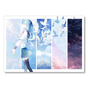 Güvercinler İle Anime Kız Mdf Ahşap Tablo