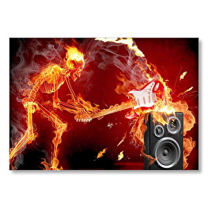 İskelet Gitarist Alevler İçinde Mdf Ahşap Tablo 35x50 cm