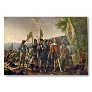 Christopher Columbus Askerler Ve Yerli Halk Mdf Ahşap Tablo 35x50 cm