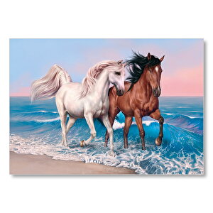 Plajda Koşan Beyaz Kahve Rengi Atlar Mdf Ahşap Tablo 35x50 cm