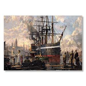1800 Yılı Liman Gemi Yolcular Yağlı Boya Resmi Mdf Ahşap Tablo 25x35 cm