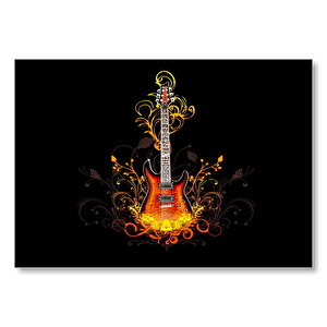 Elektrogitar Ve Alevler Karanlık Arka Plan Mdf Ahşap Tablo 25x35 cm