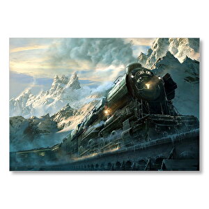 Karlı Dağlar Arasında Yol Alan Buharlı Tren Mdf Ahşap Tablo 35x50 cm