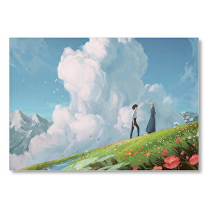 Howls Moving Castle Aşıklar Çiçekler Bulut Görseli Mdf Ahşap Tablo 35x50 cm