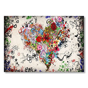 Desenler Ve Çiçeklerden Kalp Figürü Görseli Mdf Ahşap Tablo 25x35 cm