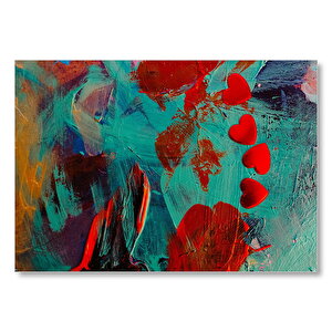Renkli Fırça Darbeleri Ve Kırmızı Kalpler Mdf Ahşap Tablo 25x35 cm