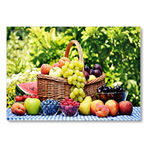Sepette Taze Meyveler Arka Planda Ağaçlar Mdf Ahşap Tablo 50x70 cm