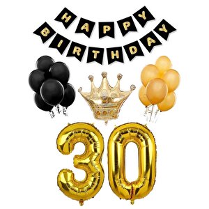 30 Yaş Balon Seti Doğum Günü Parti Seti Siyah Altın