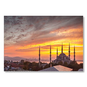 Günbatımında Sultanahmet Camii Ve Kızıl Bulutlar Mdf Ahşap Tablo 25x35 cm