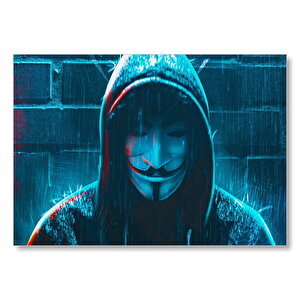 Hacker Anonymous Maskeli Yağmur Altında Mdf Ahşap Tablo 50x70 cm