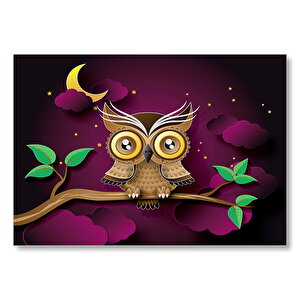 Daldaki Kahverengi Sarı Baykuş Mor Arka Plan Mdf Ahşap Tablo 50x70 cm