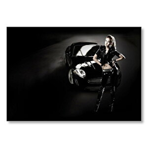 Siyah Arabalı Koreli Güzel Kız Mdf Ahşap Tablo 25x35 cm