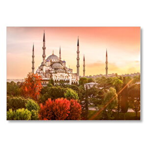 Günbatımında İstanbul Camisi Ve Sonbahar Renkleri Mdf Ahşap Tablo 25x35 cm