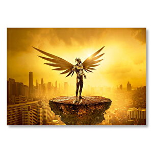 Kanatlı Şövalye Gökdelenler Ve Altın Rengi Gökyüzü Mdf Ahşap Tablo 50x70 cm