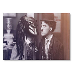Charlie Chaplin Ve Ben Turpin Predator Kaskı İle Mdf Ahşap Tablo 25x35 cm