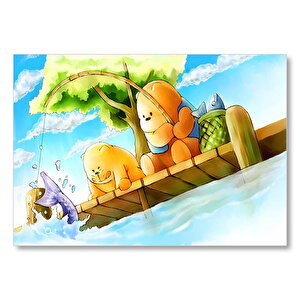 Ayı Bubu Balık Tutuyor Mdf Ahşap Tablo 50x70 cm