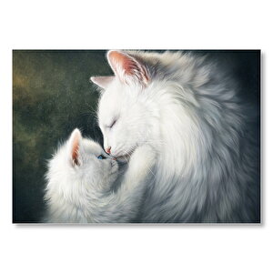 Beyaz Anne Ve Yavru Kedi Mdf Ahşap Tablo 35x50 cm