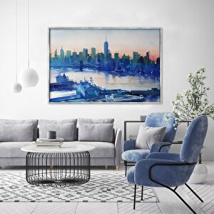 Tablolife Blue City - Yağlı Boya Dokulu Tablo 90x120 Çerçeve - Gold 90x120 cm