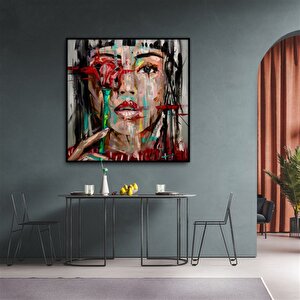 Tablolife Women With Red Flower - Yağlı Boya Dokulu Tablo 120x120 Çerçeve - Gümüş 120x120 cm