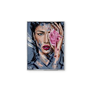 Tablolife Blue Eyes Pink Rose - Yağlı Boya Dokulu Tablo 90x120 Çerçeve - Siyah 90x120 cm