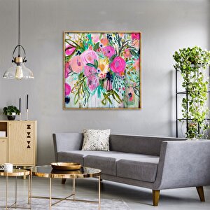Tablolife Abstract Flowers - Yağlı Boya Dokulu Tablo 80x80 Çerçeve - Gold 80x80 cm