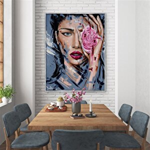 Tablolife Blue Eyes Pink Rose - Yağlı Boya Dokulu Tablo 75x100 Çerçeve - Gümüş 75x100 cm