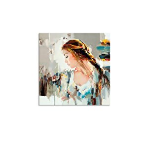 Tablolife Soyut Kadın Profil - Yağlı Boya Dokulu Tablo 100x100 Çerçeve - Gümüş 100x100 cm