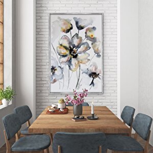 Tablolife Soyut Beyaz Çiçekler - Yağlı Boya Dokulu Tablo 90x120 Çerçeve - Gümüş 90x120 cm