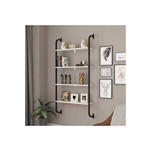 Dekoratif Duvar Rafı Metal 4 Beyaz Ahşap Raflı Kitaplık Stant