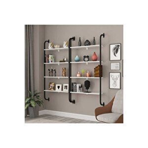 Dekoratif Duvar Rafı Metal 4 Beyaz Ahşap Raflı Kitaplık Stant