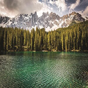 Baskılı Duş Perde Alpler Göl Ağaçlar Doğa Manzaralı Mavi Yeşil