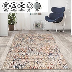 İskandinav Eskitme Kilim Desenli Bej Krem Halı Kaymaz Taban Makinada Yıkanabilir 100x200 cm